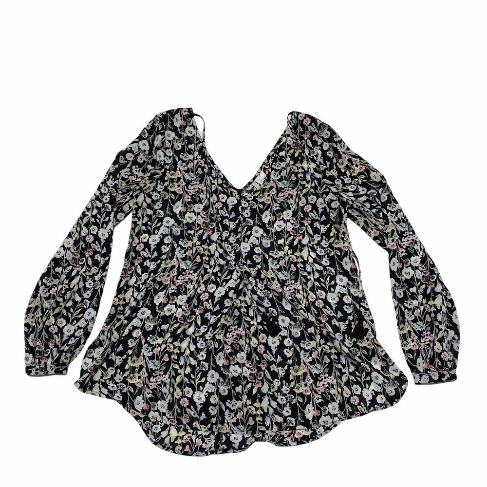 LAUREN Conrad Black Multicolored Floral Print V-Neck Tie bust Long Sleeve Blouse